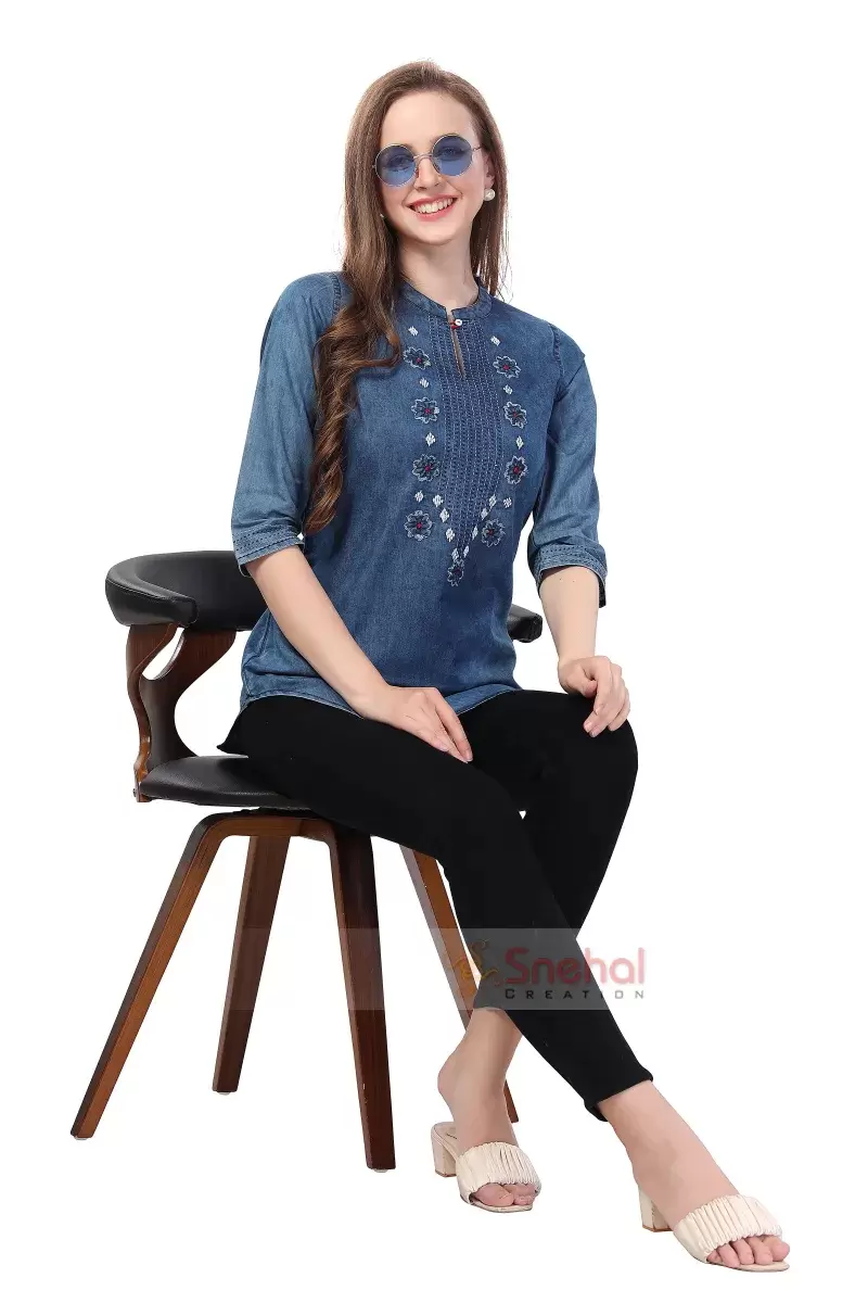 Designer Denim Short Tunic Fashion Forward Denim Tunic Applique Embroidery and Cloud Wash